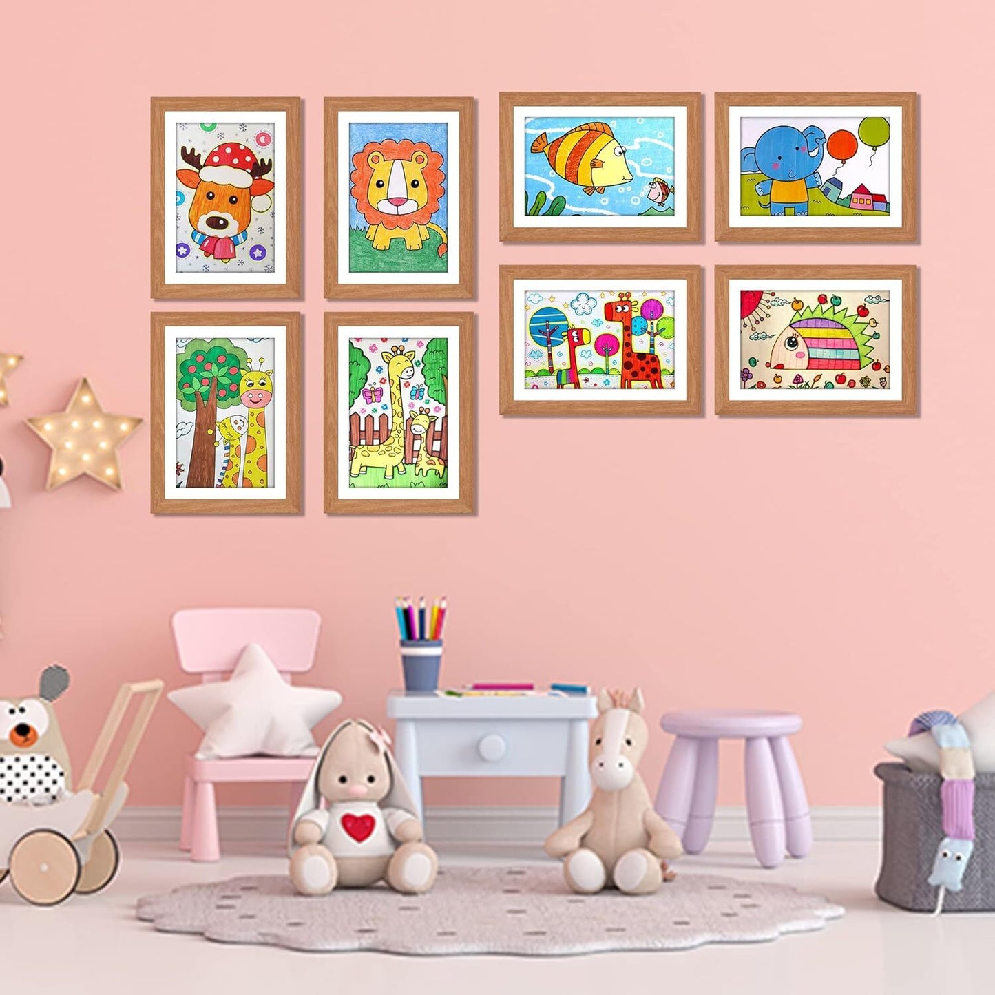 Kids Art Frame Wooden Artwork Display Children Drawing Storage Holds 150 Pictures (Oak)