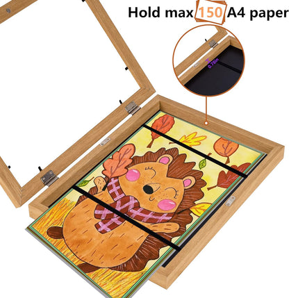 Kids Art Frame Wooden Artwork Display Children Drawing Storage Holds 150 Pictures (Oak)