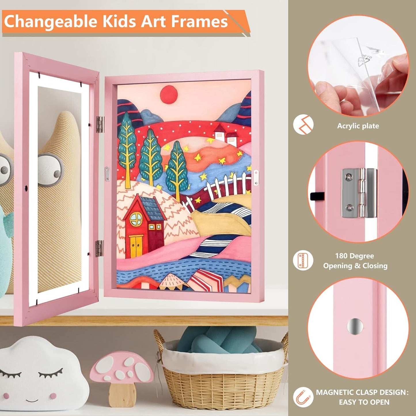 Kids Art Frame Wooden Artwork Display Children Drawing Storage Holds 150 Pictures (Pink)