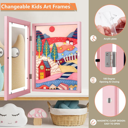 Kids Art Frame Wooden Artwork Display Children Drawing Storage Holds 150 Pictures (Pink)