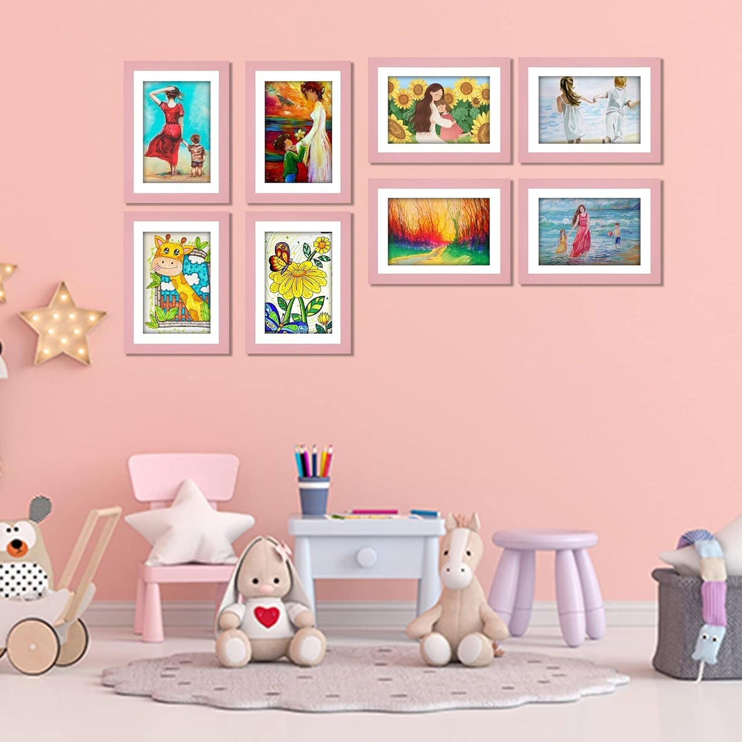 Kids Art Frame Wooden Artwork Display Children Drawing Storage Holds 150 Pictures (Pink)