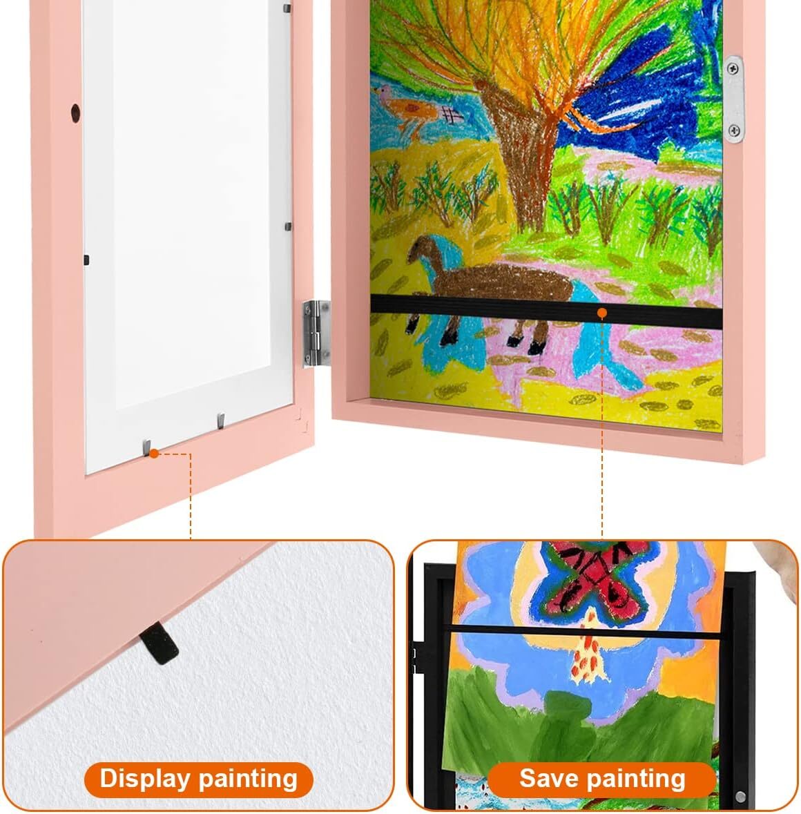 Kids Art Frame Wooden Artwork Display Children Drawing Storage Holds 150 Pictures (Pink)