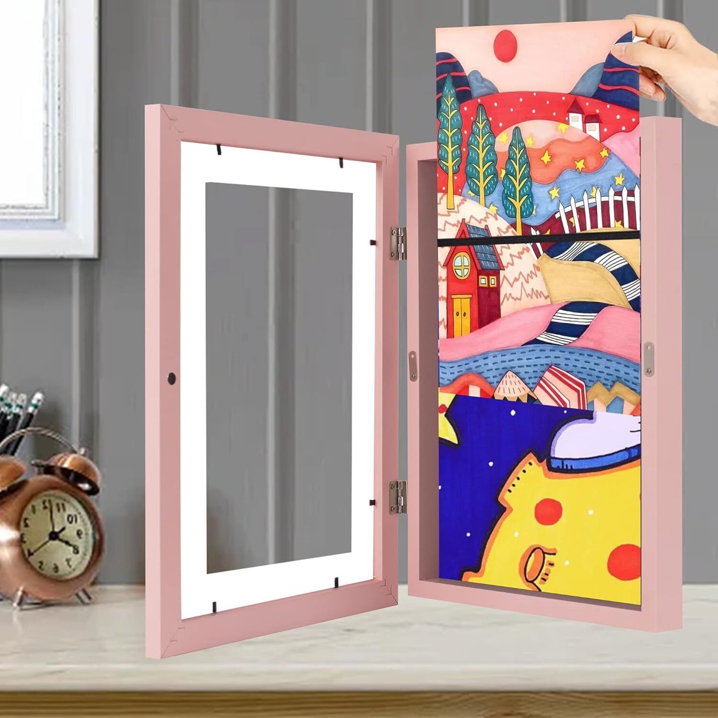 Kids Art Frame Wooden Artwork Display Children Drawing Storage Holds 150 Pictures (Pink)