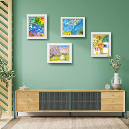 Kids Art Frame Wooden Artwork Display Children Drawing Storage Holds 150 Pictures (White)