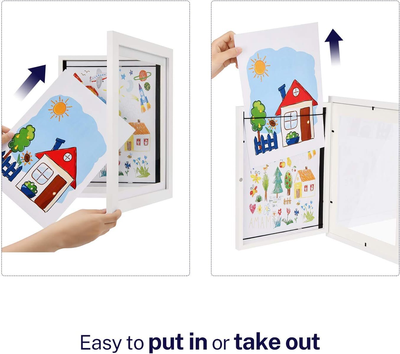 Kids Art Frame Wooden Artwork Display Children Drawing Storage Holds 150 Pictures (White)