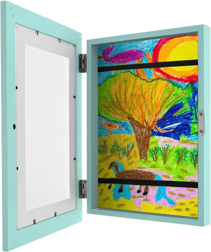 Kids Art Frame Wooden Artwork Display Children Drawing Storage Holds 150 Pictures (Blue)