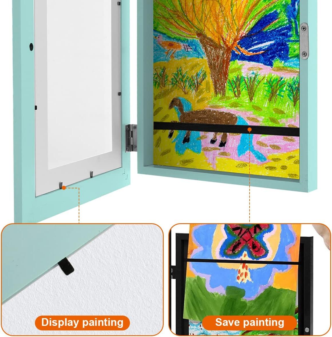 Kids Art Frame Wooden Artwork Display Children Drawing Storage Holds 150 Pictures (Blue)