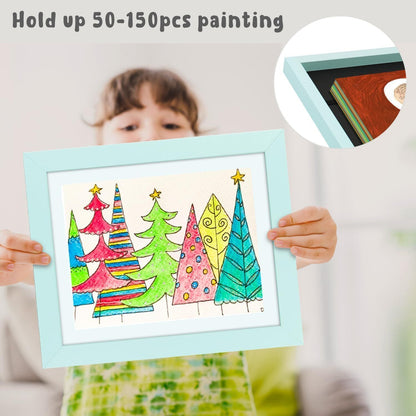 Kids Art Frame Wooden Artwork Display Children Drawing Storage Holds 150 Pictures (Blue)