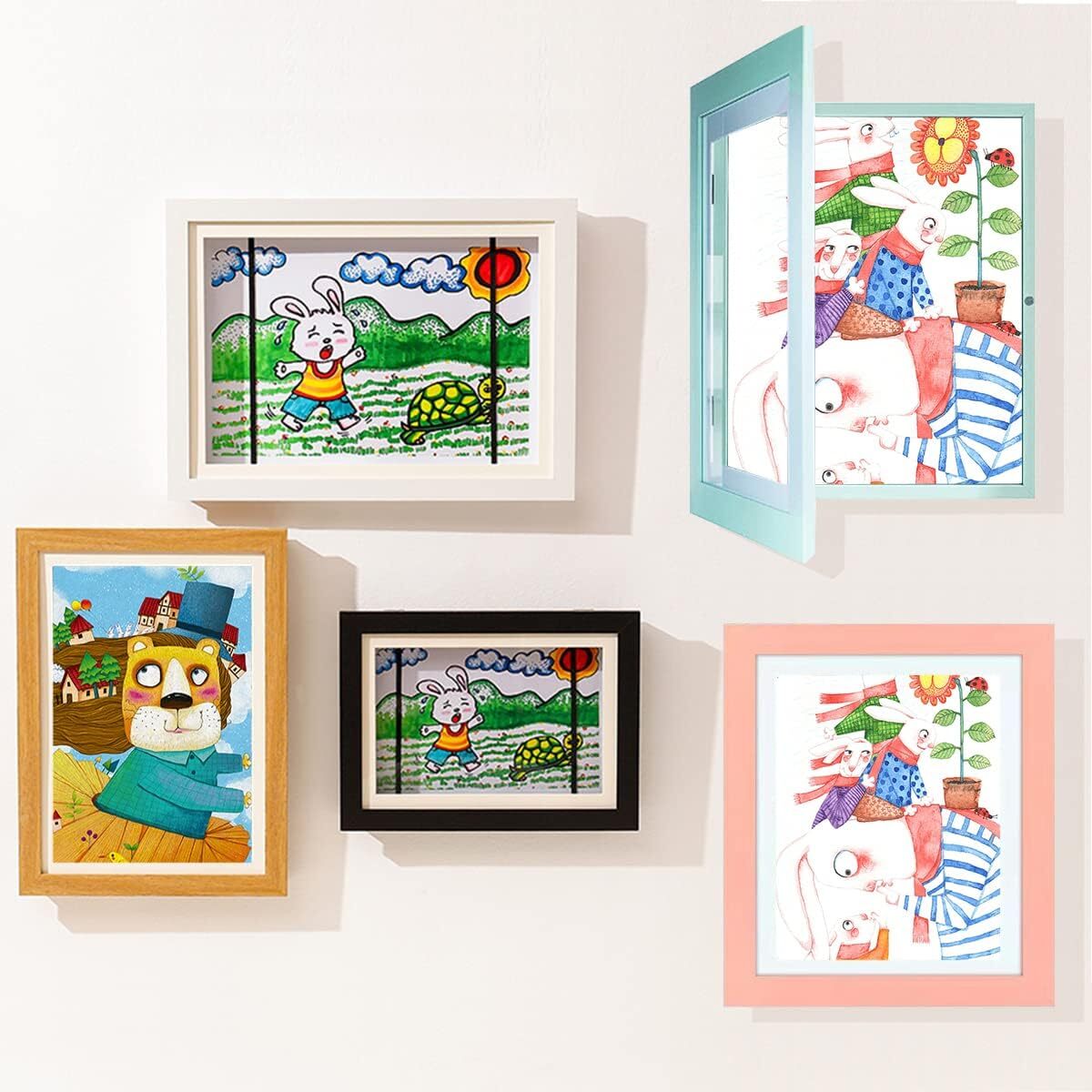 Kids Art Frame Wooden Artwork Display Children Drawing Storage Holds 150 Pictures (Blue)