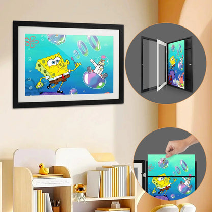 A3 Kids Art Frame Wooden Artwork Display Children Drawing Storage Holds 150 Pictures (Black)