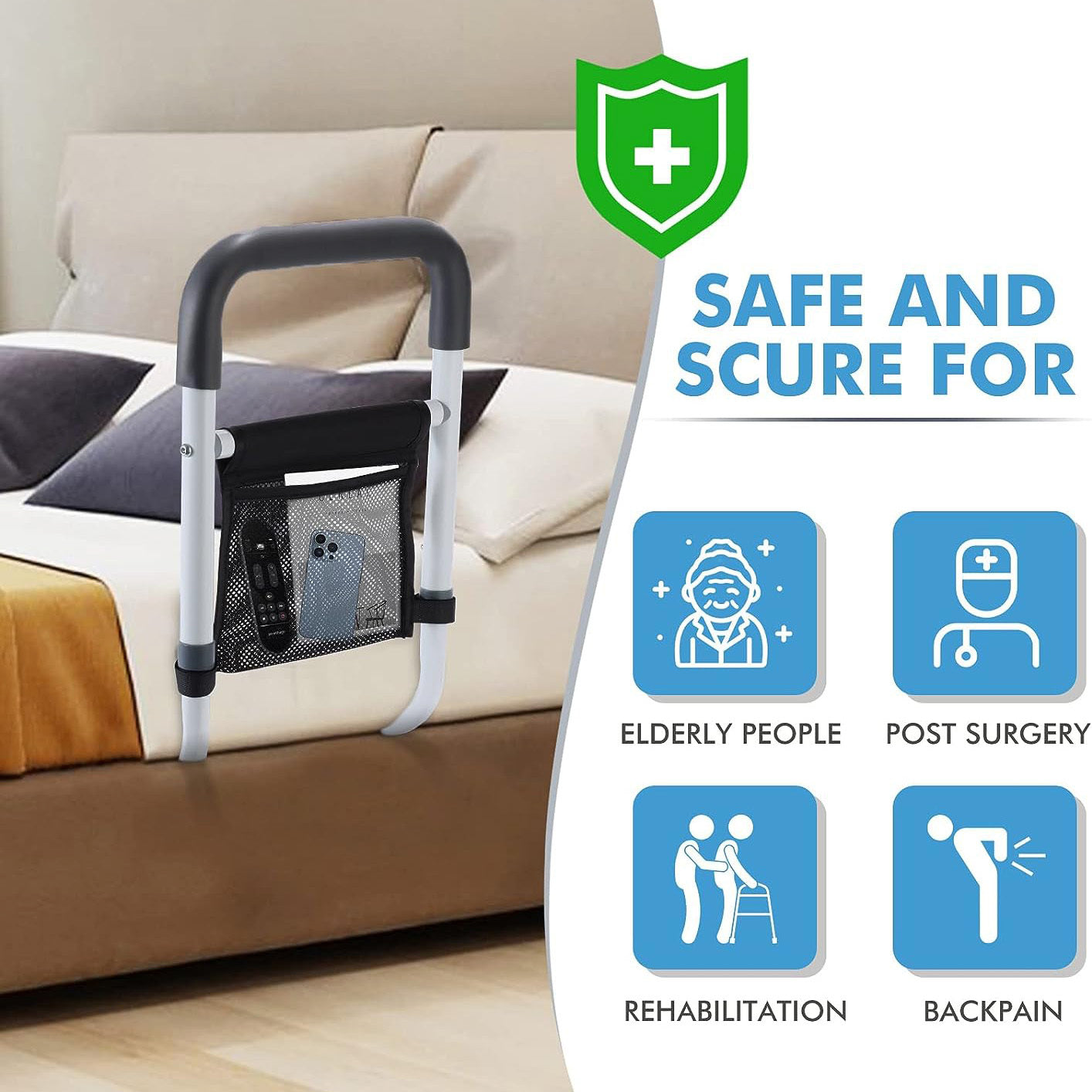 Bed Railing Bedside Assist Safety Rail Standing Support Bar Handle Elderly Adults Mobility Aid