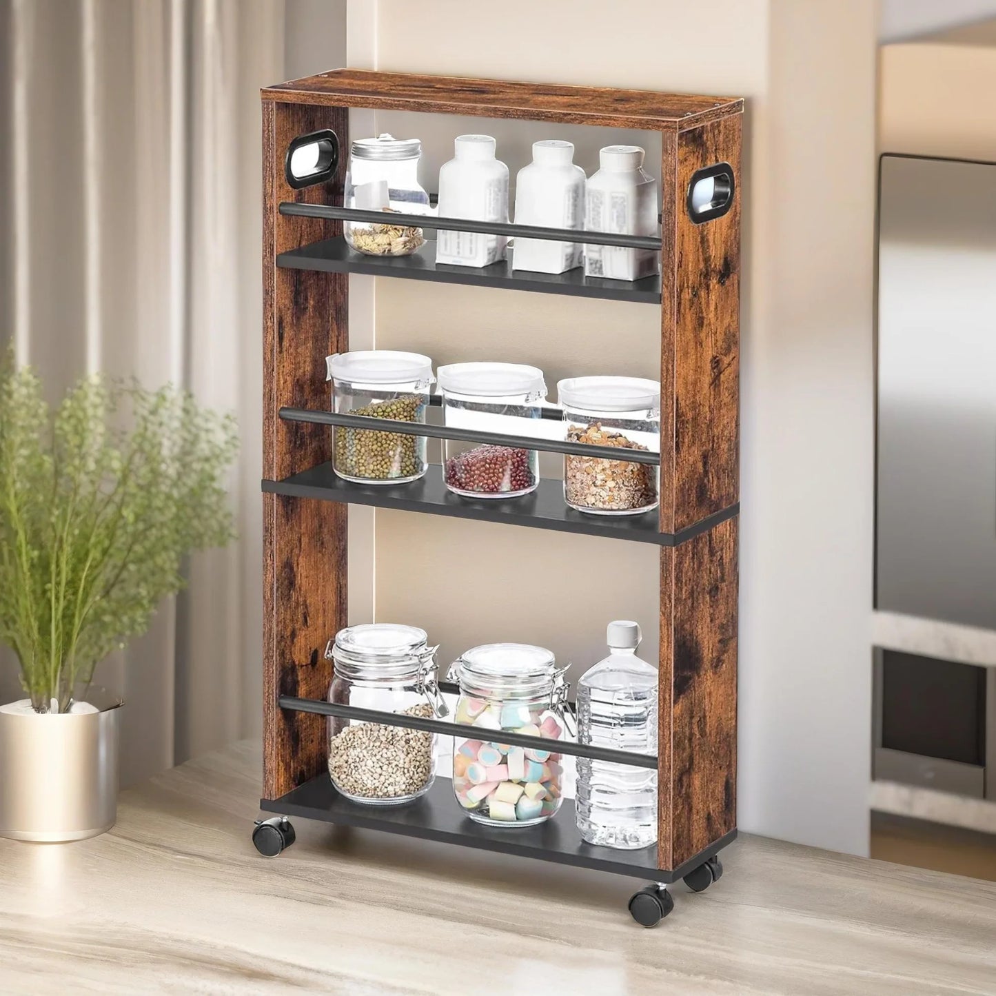 3-Tier Rustic Wood Rolling Storage Utility Cart Organizer Shelf Trolley