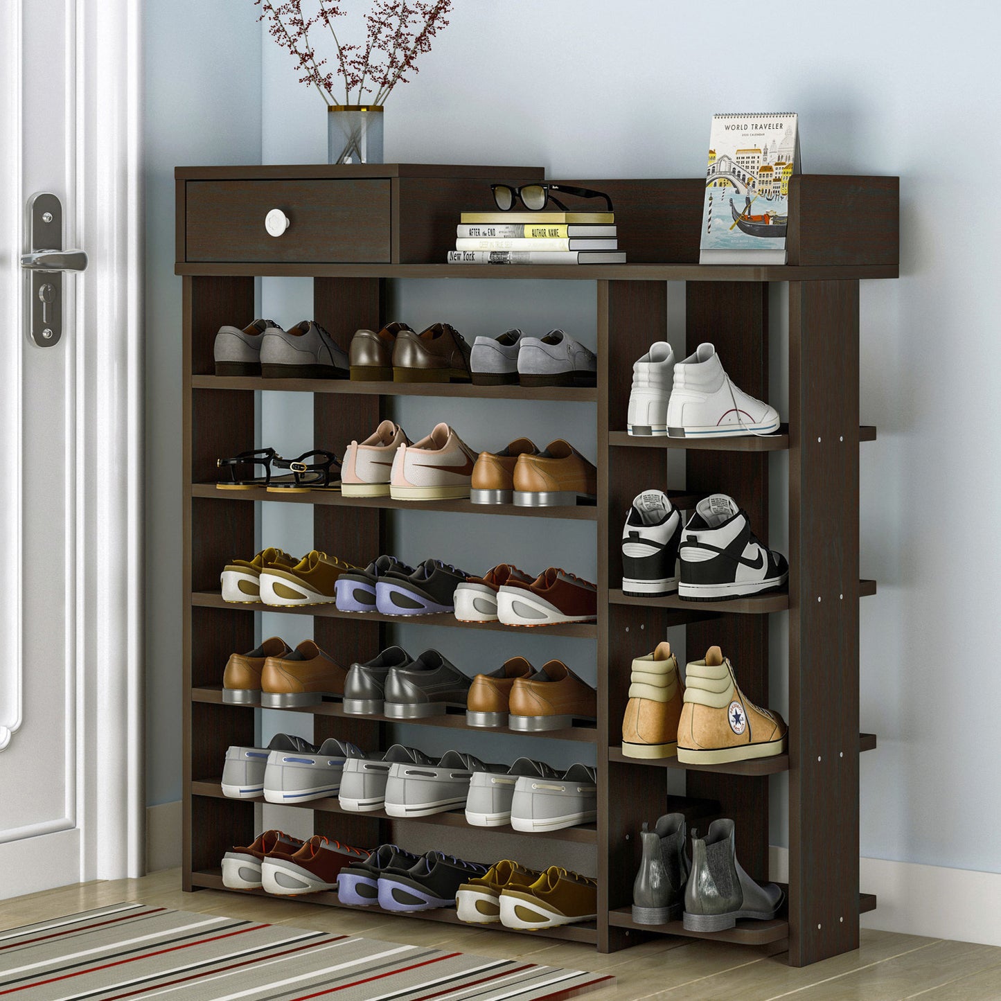 Maxim 7 Tier Shoe Rack Storage Organizer with Drawer (Dark Walnut)