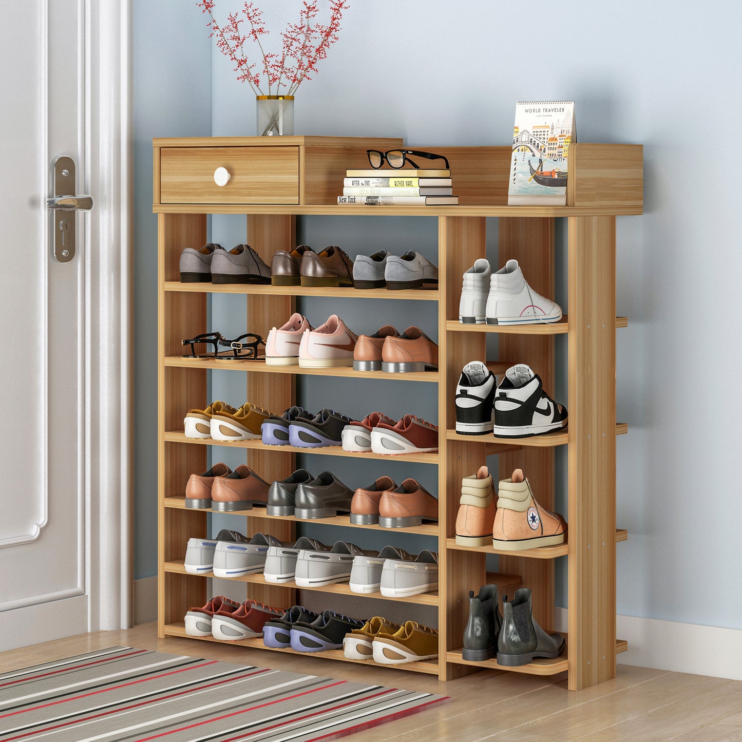 Maxim 7 Tier Shoe Rack Storage Organizer with Drawer (Oak)