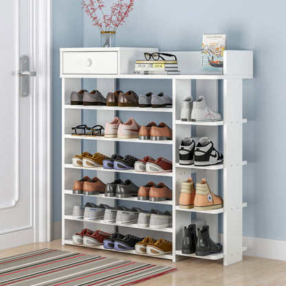 Maxim 7 Tier Shoe Rack Storage Organizer with Drawer (White)