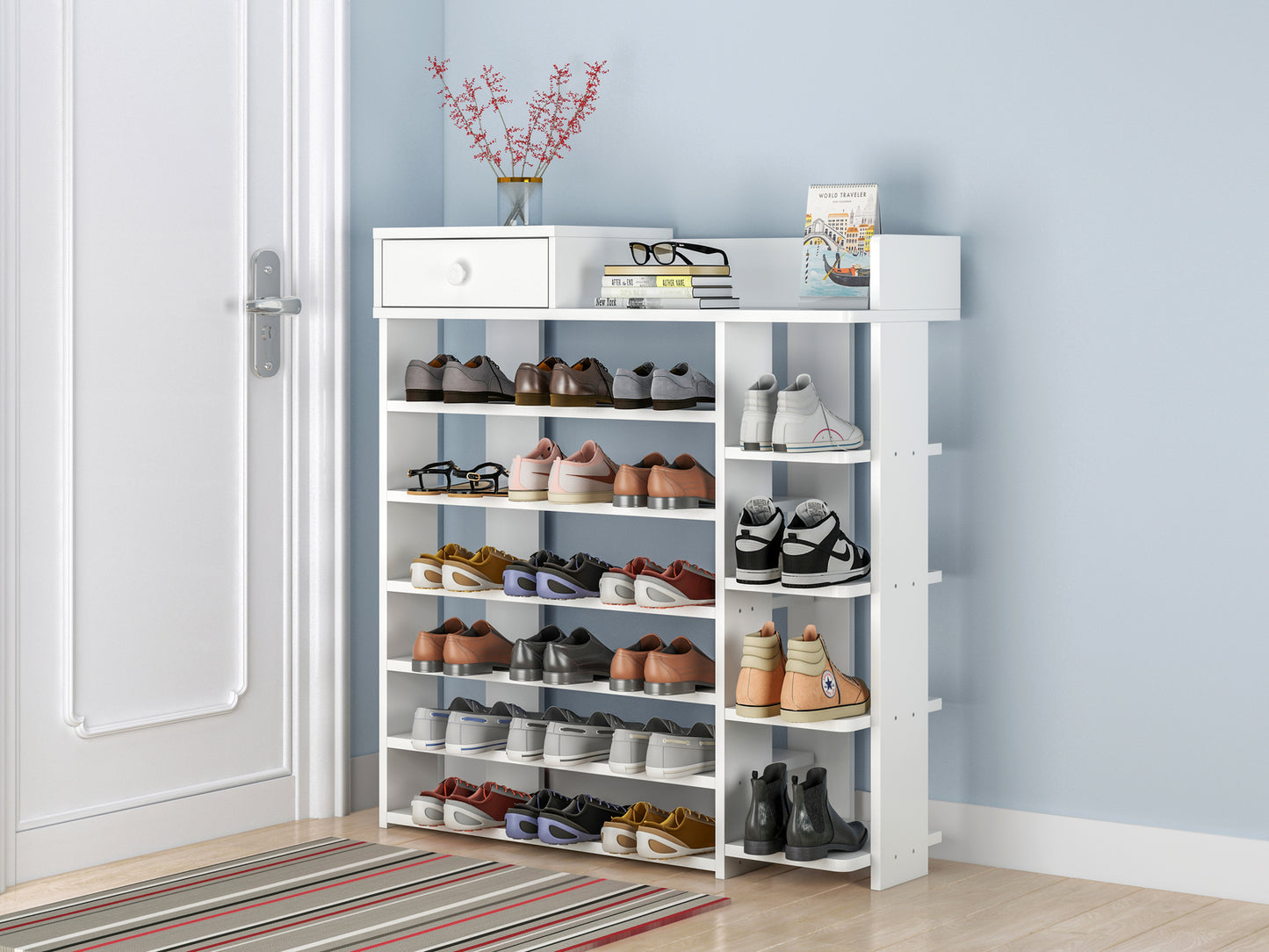 Maxim 7 Tier Shoe Rack Storage Organizer with Drawer (White)