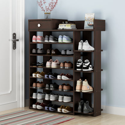 Maxim 8 Tier Shoe Rack Storage Organiser with Drawer (Dark Walnut)