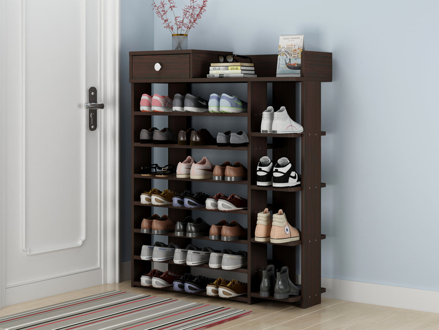 Maxim 8 Tier Shoe Rack Storage Organiser with Drawer (Dark Walnut)