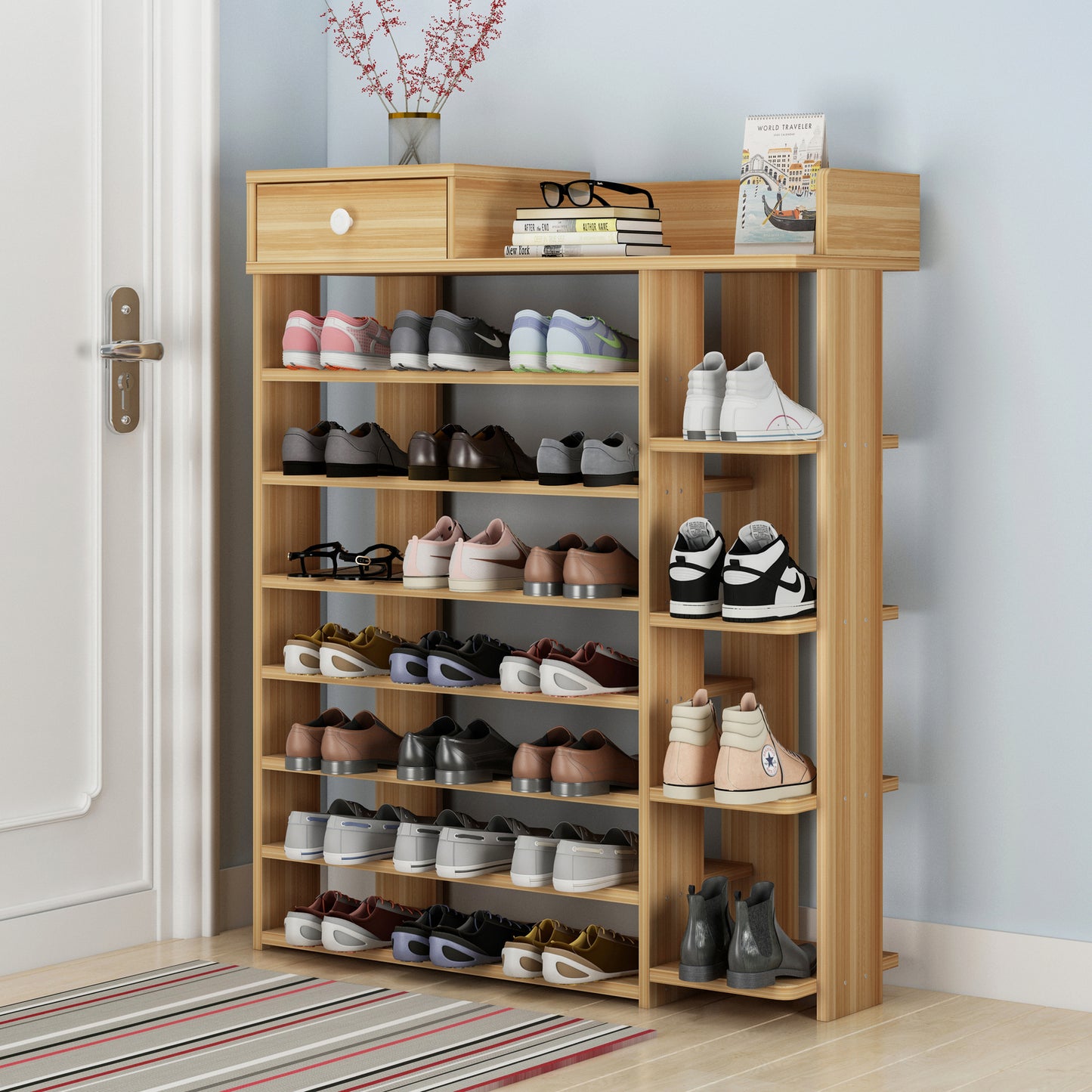 Maxim 8 Tier Shoe Rack Storage Organiser with Drawer (Oak)