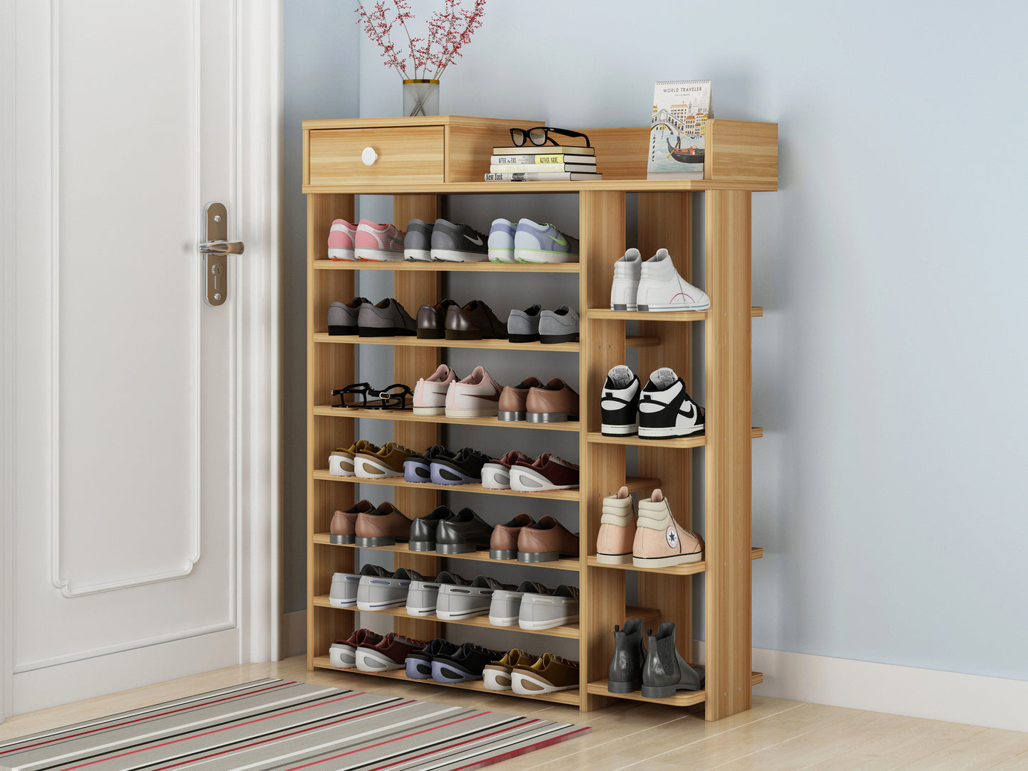 Maxim 8 Tier Shoe Rack Storage Organiser with Drawer (Oak)