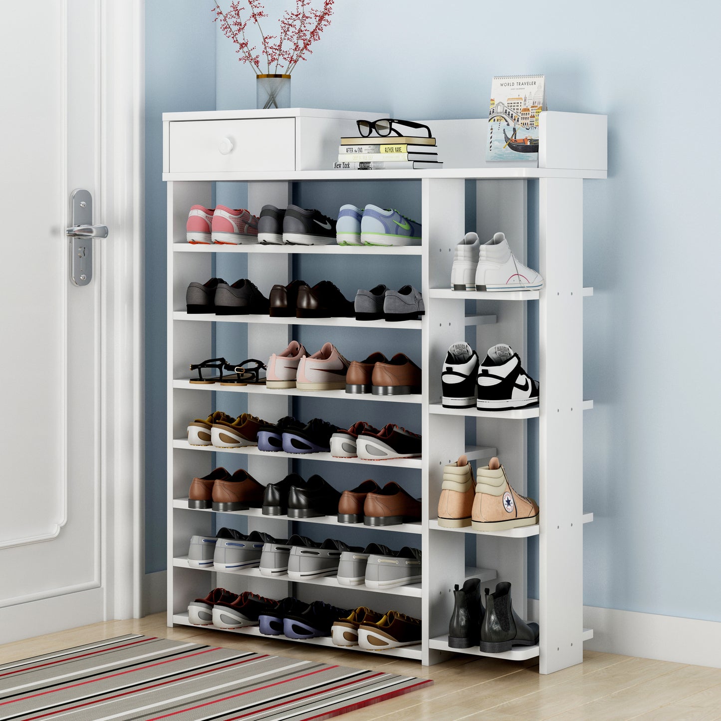 Maxim 8 Tier Shoe Rack Storage Organiser with Drawer (White)