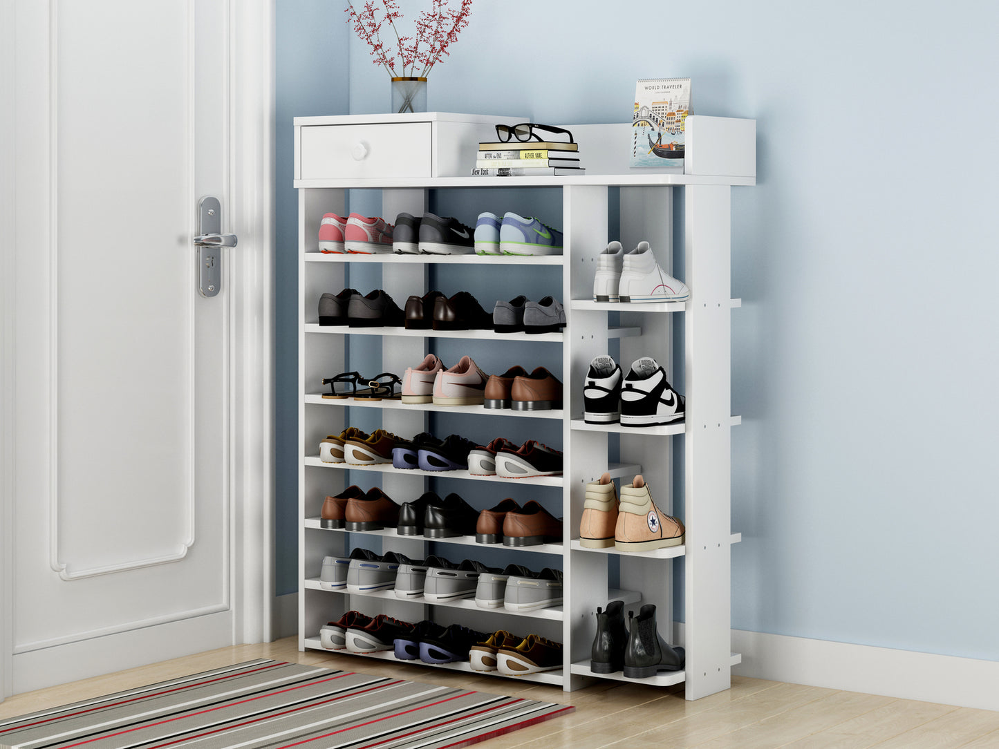 Maxim 8 Tier Shoe Rack Storage Organiser with Drawer (White)