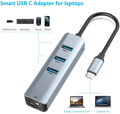 4-in 1 USB-C to 3-Port USB Hub with Gigabit Ethernet Network Adapter