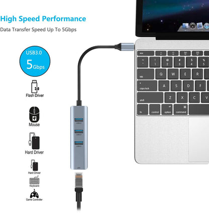 4-in 1 USB-C to 3-Port USB Hub with Gigabit Ethernet Network Adapter