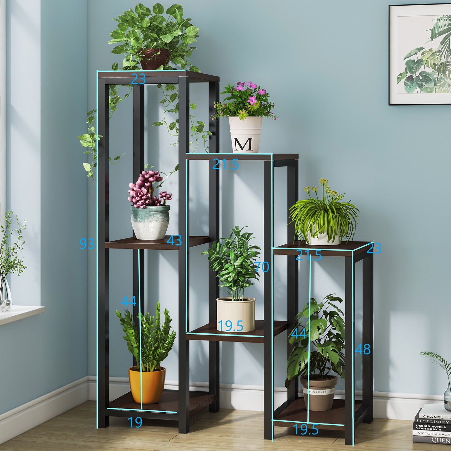 Wonderland Multi-Tiered Garden Plant Stand Wood & Steel Planter Shelf (Black Walnut)