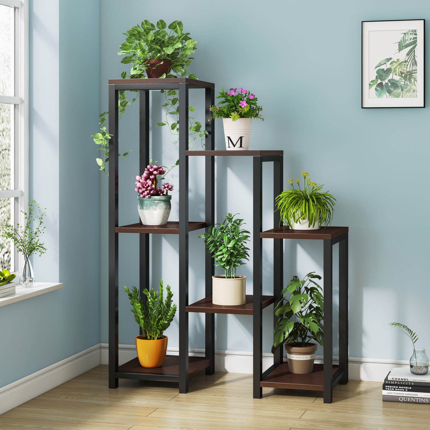 Wonderland Multi-Tiered Garden Plant Stand Wood & Steel Planter Shelf (Black Walnut)