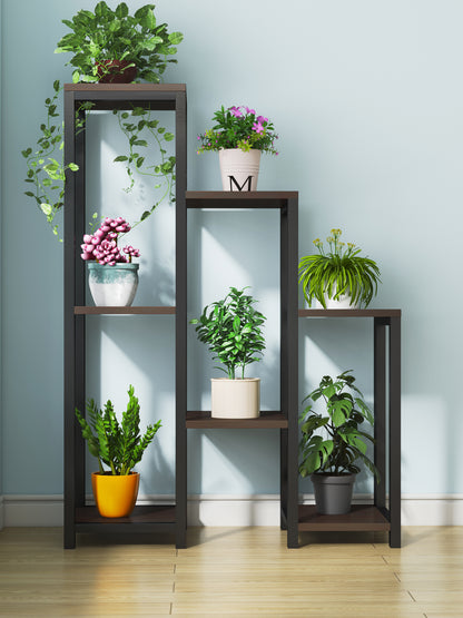 Wonderland Multi-Tiered Garden Plant Stand Wood & Steel Planter Shelf (Black Walnut)