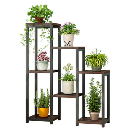 Wonderland Multi-Tiered Garden Plant Stand Wood & Steel Planter Shelf (Black Walnut)