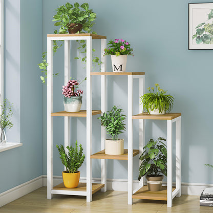 Wonderland Multi-Tiered Garden Plant Stand Wood & Steel Planter Shelf (Oak & White)