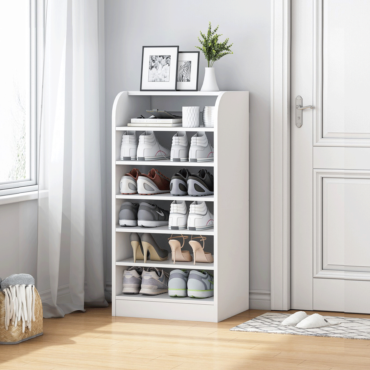 7-Tier Extra Spacious Shoe Rack Wooden Storage Organizer Cabinet (Whit