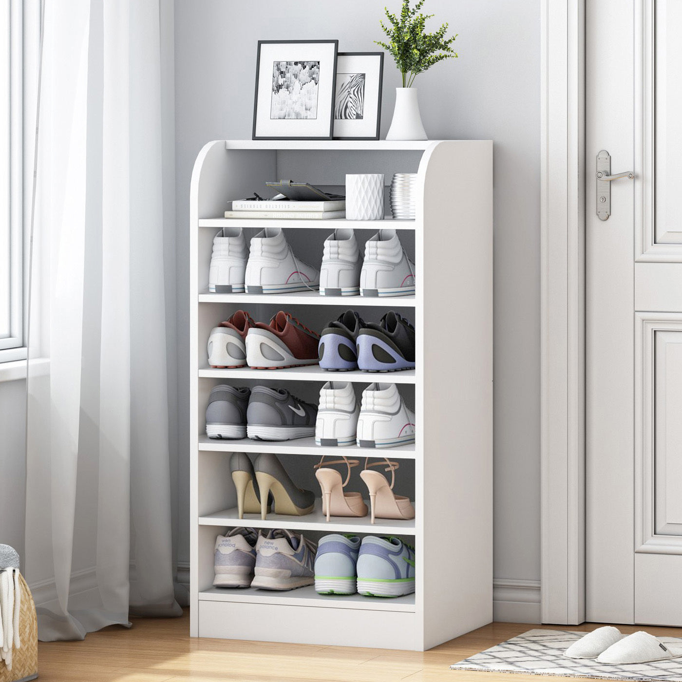 7-Tier Extra Spacious Shoe Rack Wooden Storage Organizer Cabinet (White)