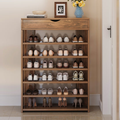 Fiesta 7 Tier Extra Spacious Wooden Shoe Rack Organizer Shelf Cabinet (Rustic Wood)