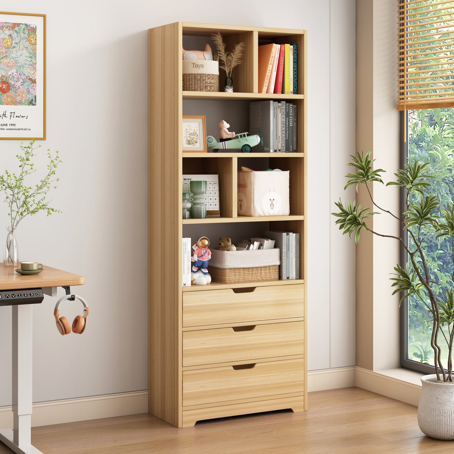 Luna 1.8m Tall Shelf Cupboard Bookshelf Wardrobe with Drawers (Oak)