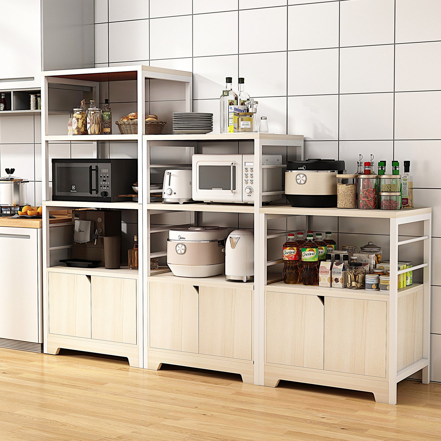 3-Level Arena Organizer Kitchen Storage Cabinet Shelf (White Oak)