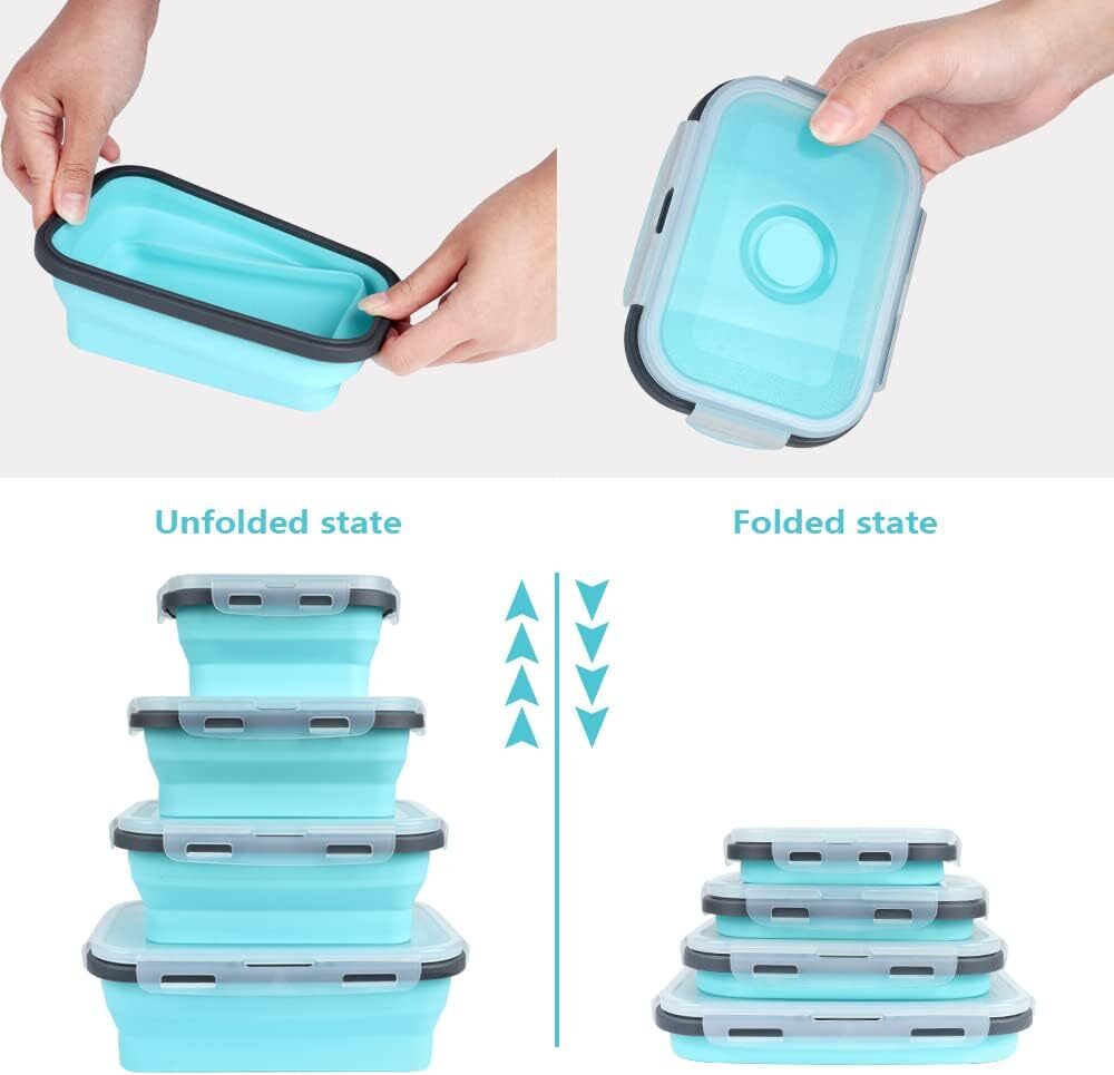 4 X Collapsible Silicone Food Storage Containers Lunchboxes Bowls Meal Box with Airtight Lid (Blue)