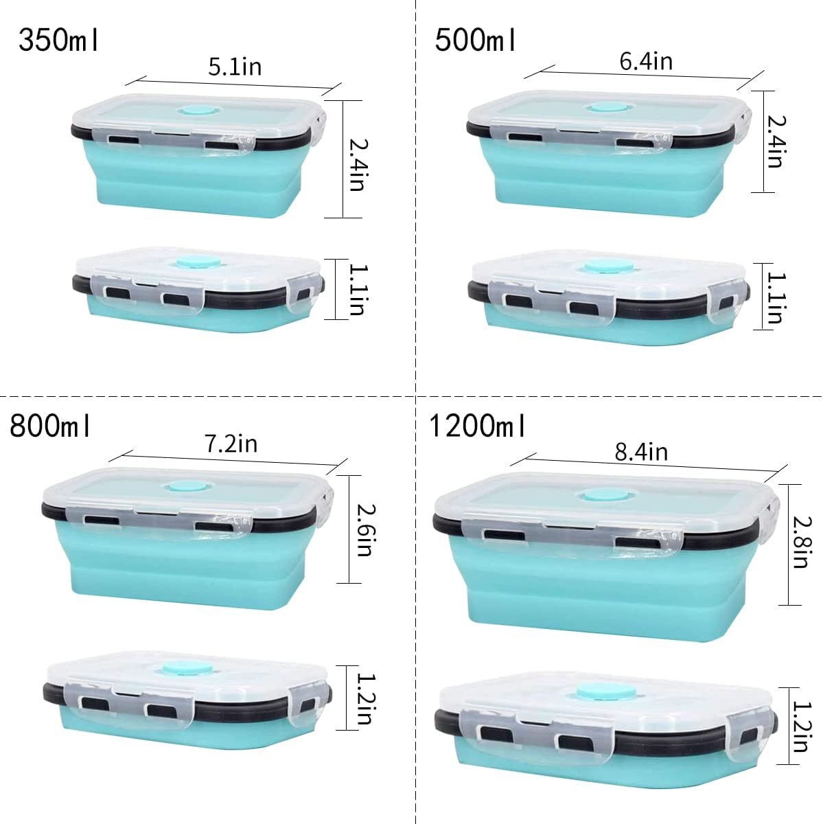 4 X Collapsible Silicone Food Storage Containers Lunchboxes Bowls Meal Box with Airtight Lid (Blue)