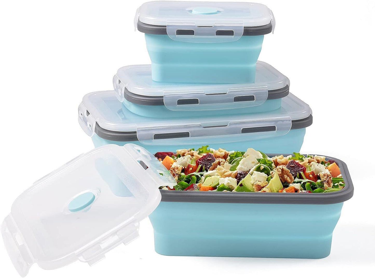 4 X Collapsible Silicone Food Storage Containers Lunchboxes Bowls Meal Box with Airtight Lid (Blue)