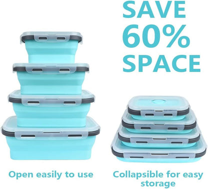 4 X Collapsible Silicone Food Storage Containers Lunchboxes Bowls Meal Box with Airtight Lid (Blue)