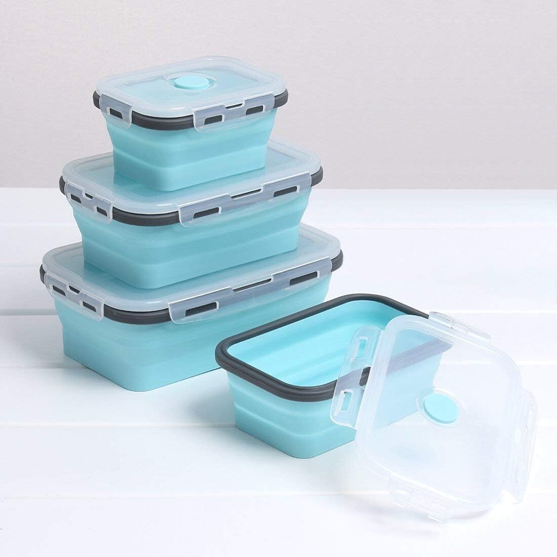 4 X Collapsible Silicone Food Storage Containers Lunchboxes Bowls Meal Box with Airtight Lid (Blue)