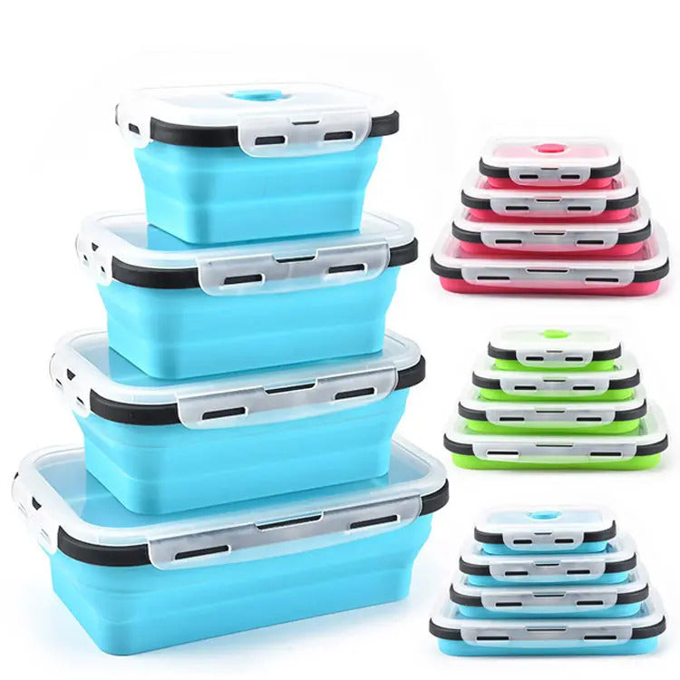 4 X Collapsible Silicone Food Storage Containers Lunchboxes Bowls Meal Box with Airtight Lid (Blue)