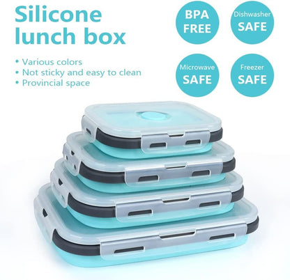 4 X Collapsible Silicone Food Storage Containers Lunchboxes Bowls Meal Box with Airtight Lid (Blue)