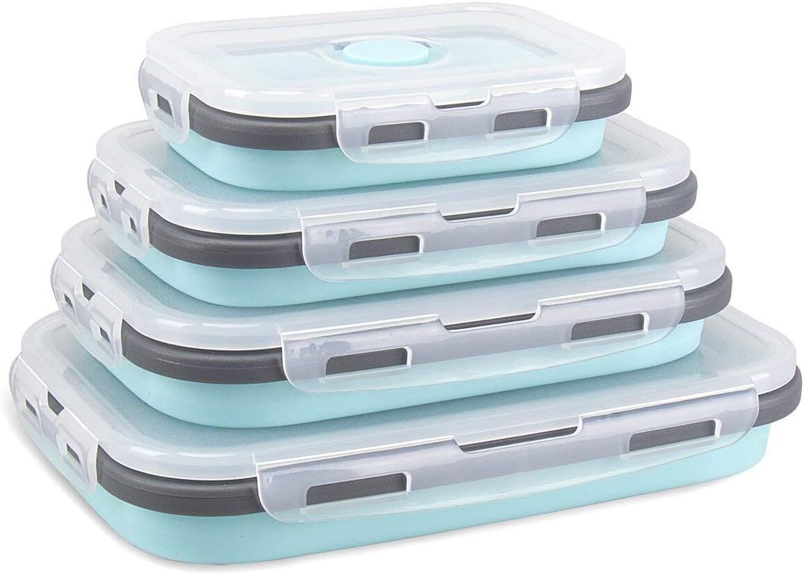 4 X Collapsible Silicone Food Storage Containers Lunchboxes Bowls Meal Box with Airtight Lid (Blue)