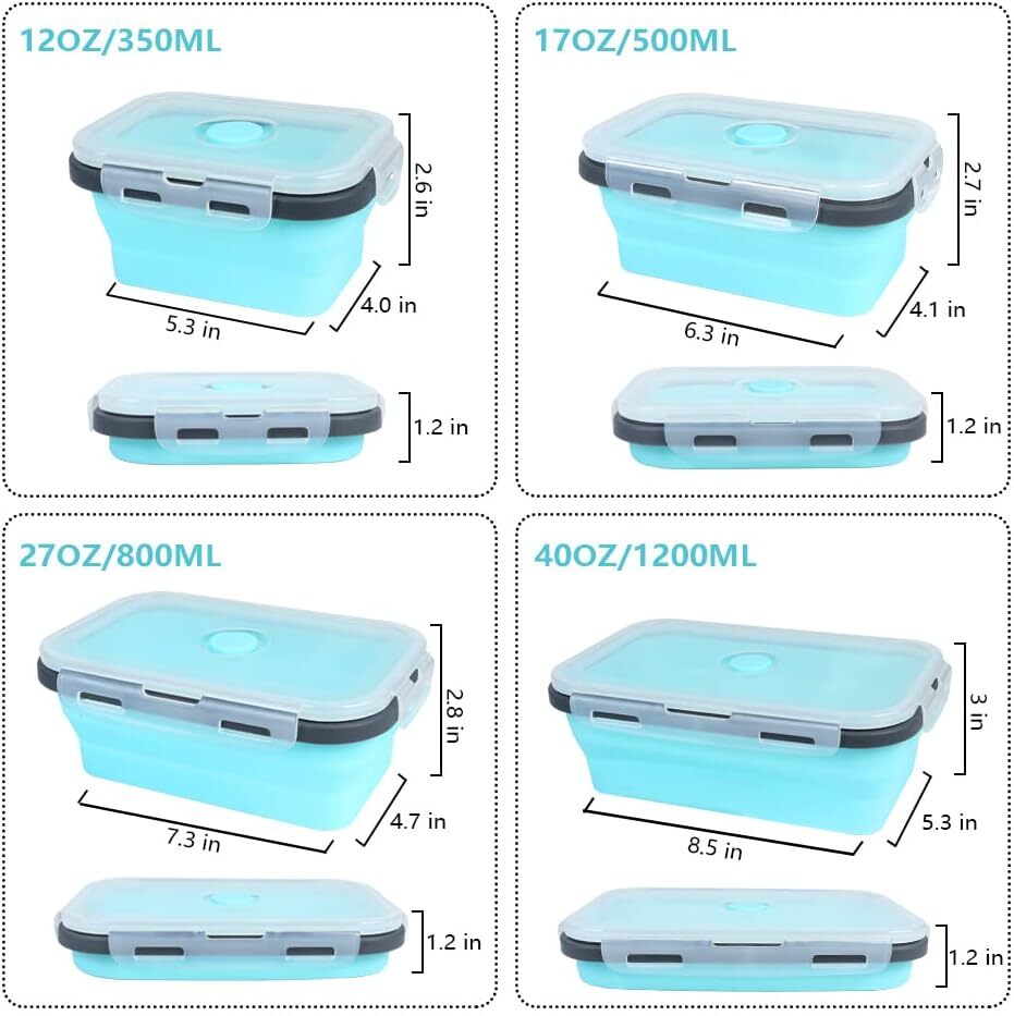 4 X Collapsible Silicone Food Storage Containers Lunchboxes Bowls Meal Box with Airtight Lid (Blue)