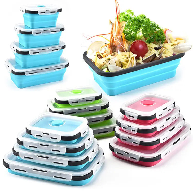 4 X Collapsible Silicone Food Storage Containers Lunchboxes Bowls Meal Box with Airtight Lid (Blue)