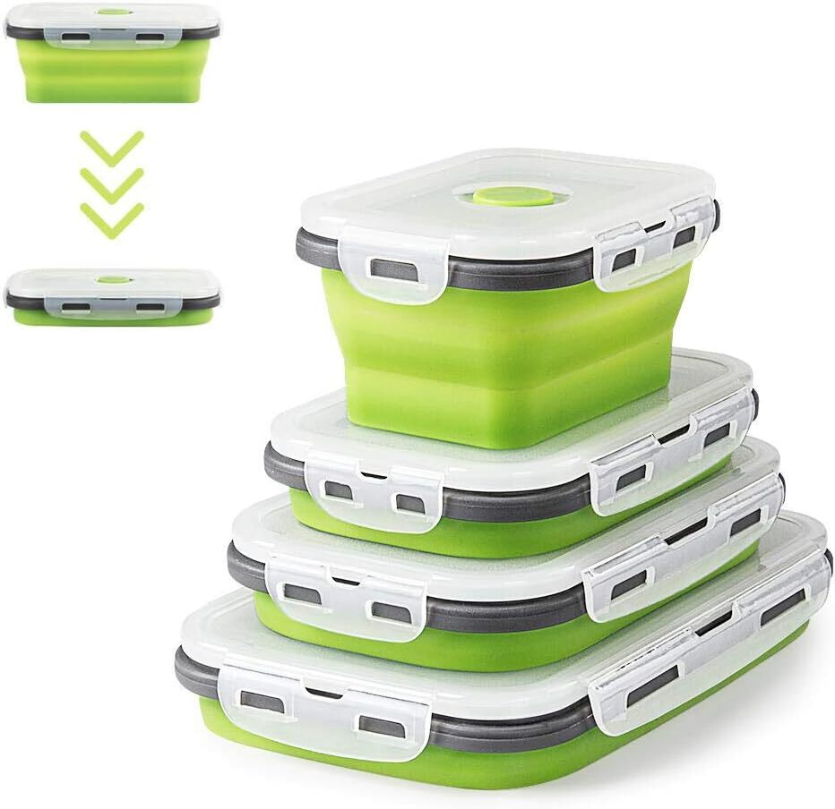 4 X Collapsible Silicone Food Storage Containers Lunchboxes Bowls Meal Box with Airtight Lid Green)