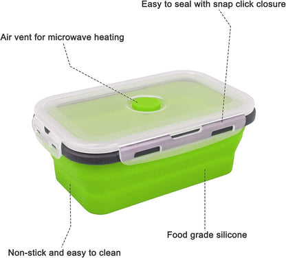 4 X Collapsible Silicone Food Storage Containers Lunchboxes Bowls Meal Box with Airtight Lid Green)